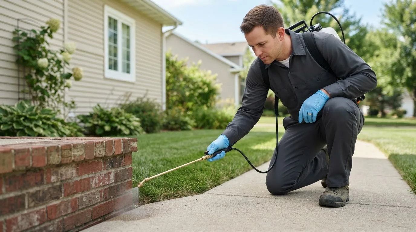 Pest control technician treating a home near Macedonia, OH